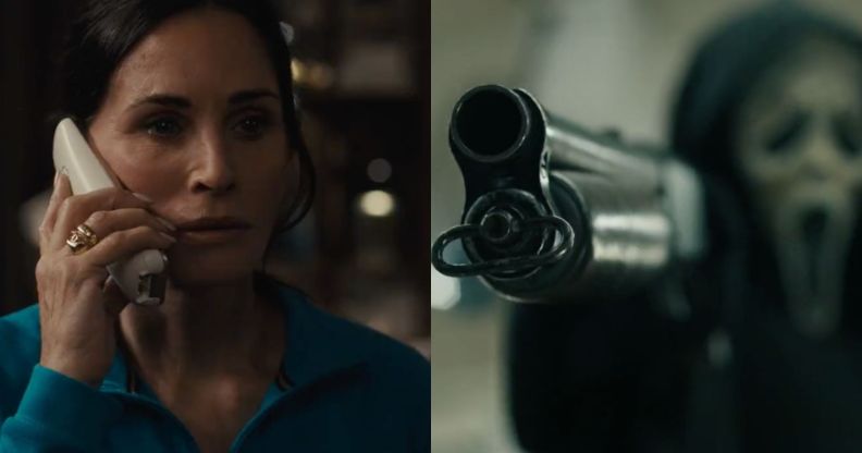 A split-screen picture shows on the left a screenshot of actor Courtney Cox as character Gale Weathers from the new Scream movie dressed in a blue shirt and holding a phone with the right-hand screenshot of the character Ghostface holding a shotgun towards the camera