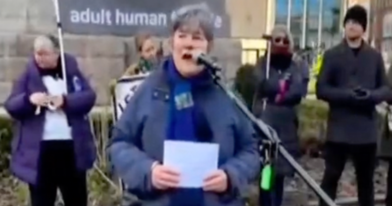 Lisa Morgan speaking at an anti-trans rally in Newcastle