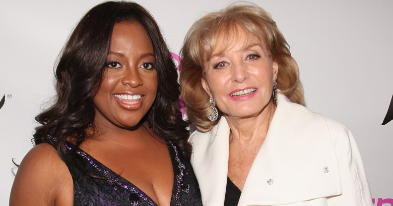 A photo of American actor and broadcaster Sherri Shepherd wearing a black evening dress and Barbara Walters wearing a white jacket over a black top