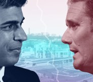 Rishi Sunak filtered in blue, and Keir Starmer filtered in red, stare at each other.