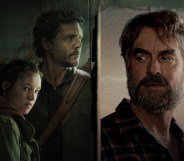 A side-by-side image shows the promo poster of HBO's The Last of Us on the left; with main characters Joel (Pedro Pascal) and Ellie (Bella Ramsey) wearing dark green jackets and standing in a corridor where you can see graffiti on the wall. On the right-hand image you can see actor Murray Bartlett as gay character Frank who has a beard and is wearing a dark shirt