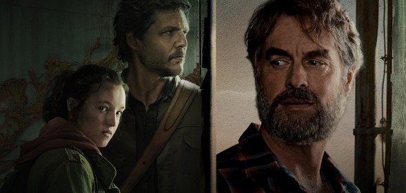 A side-by-side image shows the promo poster of HBO's The Last of Us on the left; with main characters Joel (Pedro Pascal) and Ellie (Bella Ramsey) wearing dark green jackets and standing in a corridor where you can see graffiti on the wall. On the right-hand image you can see actor Murray Bartlett as gay character Frank who has a beard and is wearing a dark shirt