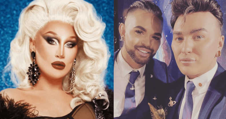 Two side-by-side images show drag queen The Vivienne in a promo shot for Dancing on Ice wearing a blonde wig and black see-through lace dress, and on the right-hand side is a photo with husband David Ludford on the day they got married at Heaven nightclub