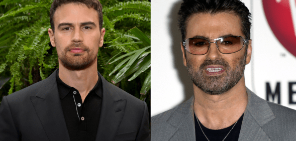 On the left, Theo James in a black suit and shirt in front of a leafy green background, on the right, George Michael in a black top and grey suit jacket wearing his signature glasses and cross necklace