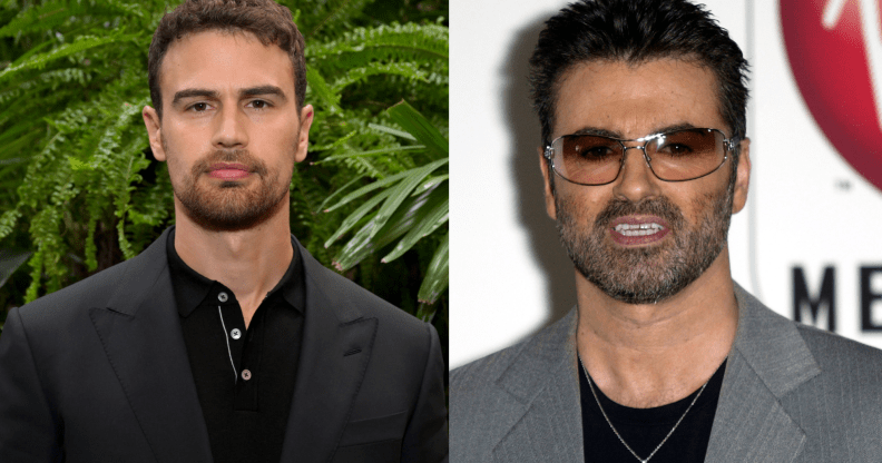 On the left, Theo James in a black suit and shirt in front of a leafy green background, on the right, George Michael in a black top and grey suit jacket wearing his signature glasses and cross necklace