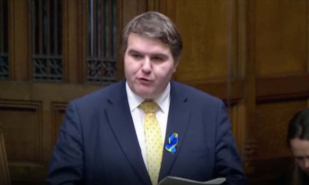 Jamie Wallis wears a white shirt, yellow tie and a blue jacket while addressing parliament