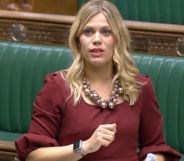 Tory MP Miriam Cates wears a red dress as she addresses the House of Commons after the UK government blocked Scotland's Gender Recognition Reform bill from passing into law