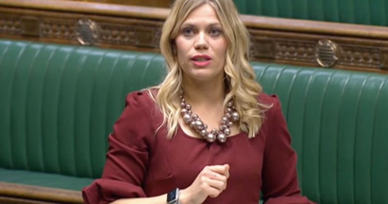 Tory MP Miriam Cates wears a red dress as she addresses the House of Commons after the UK government blocked Scotland's Gender Recognition Reform bill from passing into law