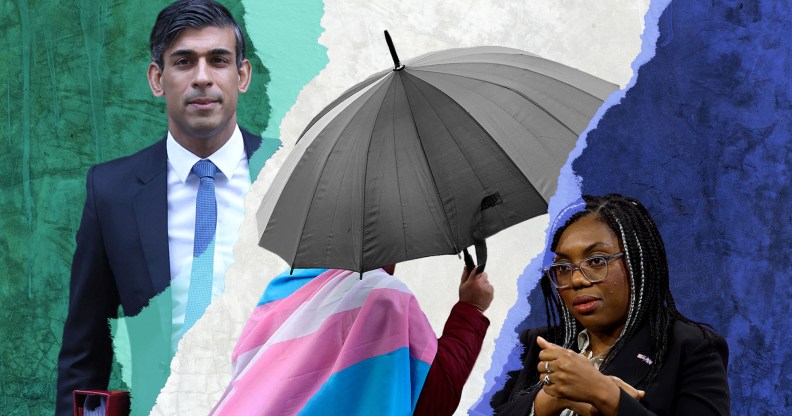 Collage of Rishi Sunak, Kemi Badenoch, and a trans person holding an umbrella to shield themself