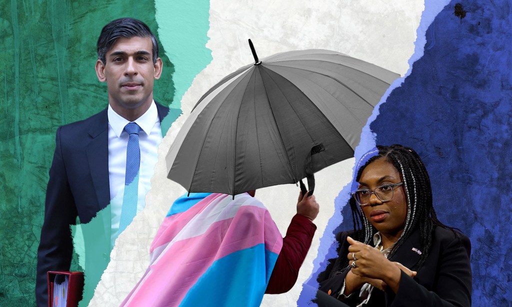 Collage of Rishi Sunak, Kemi Badenoch, and a trans person holding an umbrella to shield themself