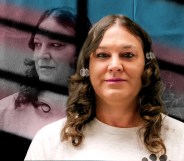 A graphic showing US trans prisoner Amber McLaughlin wearing a white t-shirt and looking towards the camera. In the background there is a faded trans flag with a shadow of prison bars cast over it and another image of Amber McLaughlin looking to the left