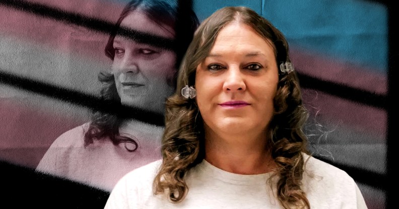 A graphic showing US trans prisoner Amber McLaughlin wearing a white t-shirt and looking towards the camera. In the background there is a faded trans flag with a shadow of prison bars cast over it and another image of Amber McLaughlin looking to the left