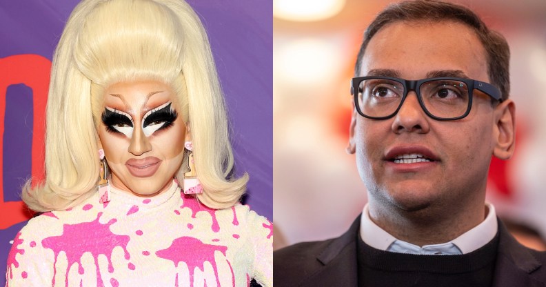 A split-screen image showing drag queen Trixie Mattel wearing a white outfit with pink paint splatter-pattern on it and Republican congressman George Santos wearing a brown suit jacket over a black top