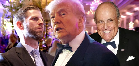 Collage of images of Eric Trump, Donald Trump and Rudy Giuliani wearing suits at a party