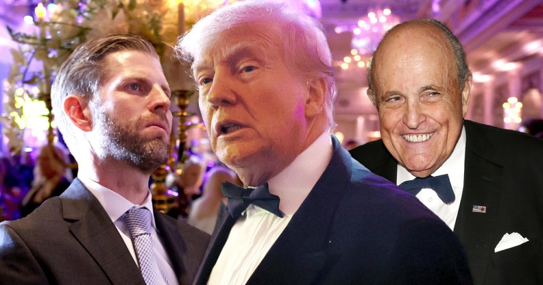 Collage of images of Eric Trump, Donald Trump and Rudy Giuliani wearing suits at a party