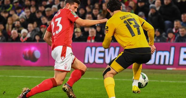 Remo Freuler of Nottingham Forest battles with Gonalo Guedes of Wolverhampton Wanderers during the Carabao Cup Quarter Final match between Nottingham Forest and Wolverhampton Wanderers at the City Ground, Nottingham on Wednesday 11th January 2023