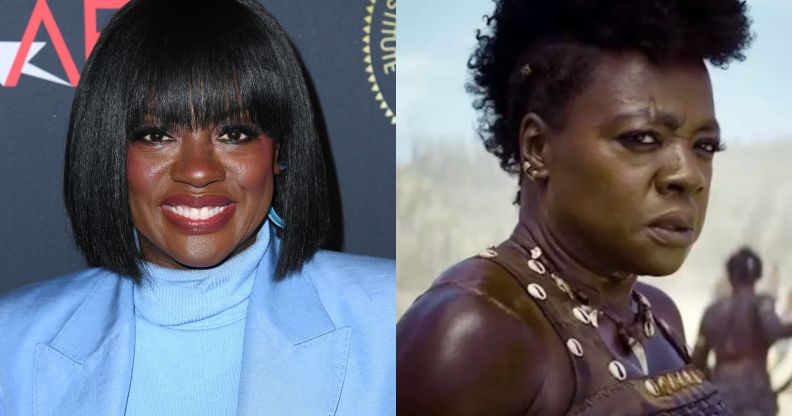 A side by side image of Viola Davis wearing a blue turtleneck and blue jacket on the red carpet at the AFI luncheon next to a screenshot from her movie The Woman King.