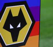 he Wolverhampton Wanderers crest is seen on Stonewall Rainbow Laces campaigning on the ball plinth