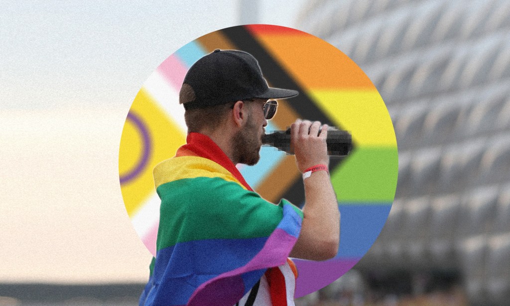 Collage of a person drinking from a bottle with a Pride flag draped over their shoulders, and the Progress Pride flag behind them