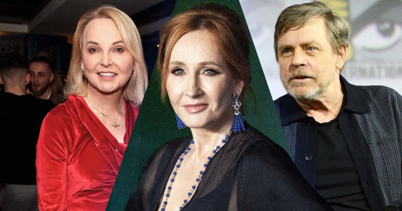 A composition image of trans broadcaster India Willoughby, author JK Rowling and Star Wars actor Mark Hamill