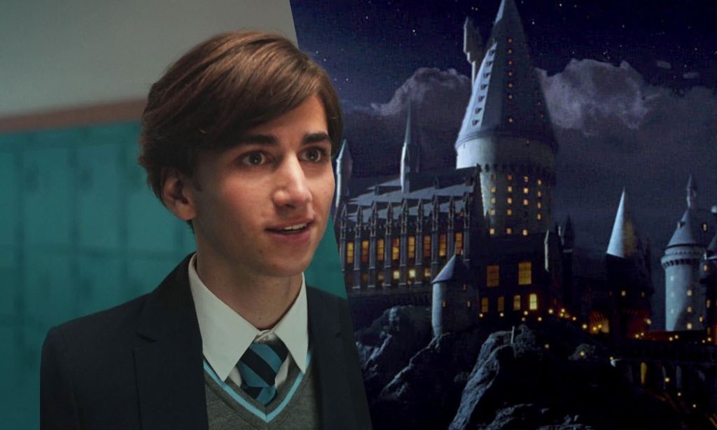 Collage of Sebastian in school uniform (from Heartstopper) and the Hogwarts castle