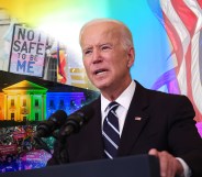 Collage of Joe Biden in front of a rainbow-lit White House, a US flag, and protest signs calling for LGBTQ liberation