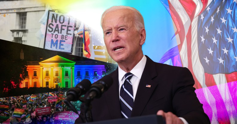 Collage of Joe Biden in front of a rainbow-lit White House, a US flag, and protest signs calling for LGBTQ liberation