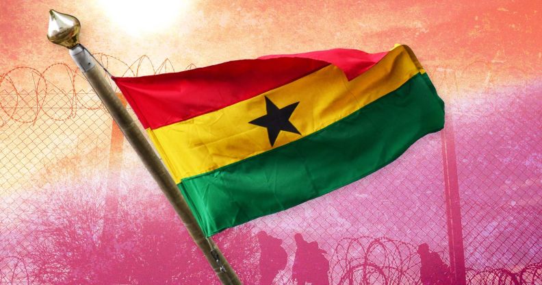 The flag of Ghana against a backdrop hued with the colours of the lesbian Pride flag