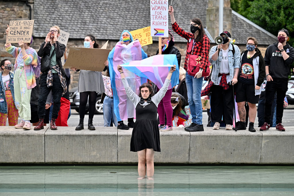 Trans rights activists hold a counter demonstration next to a woman’s rights demo organised by Women Wont Wheesht on September 02, 2021 in Edinburgh.