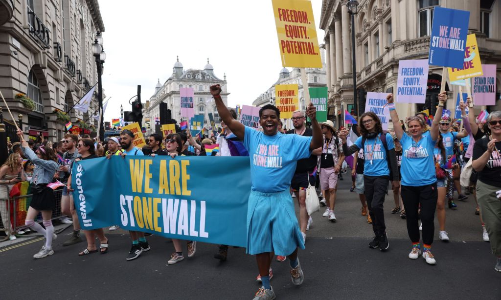 A group representing LGBTQ+ rights group Stonewall march together during a Pride parade