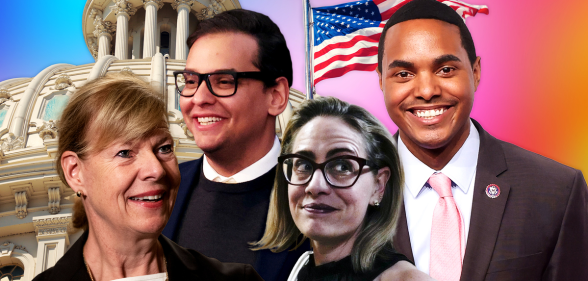 Clockwise from top left: LGBTQ congress members George Santos, Richie Torres, Kyrsten Sinema and Tammy Baldwin in from of the Capitol building and US flag.