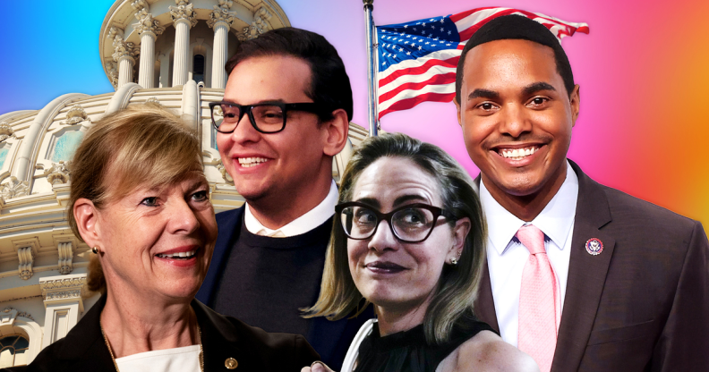 Clockwise from top left: LGBTQ congress members George Santos, Richie Torres, Kyrsten Sinema and Tammy Baldwin in from of the Capitol building and US flag.