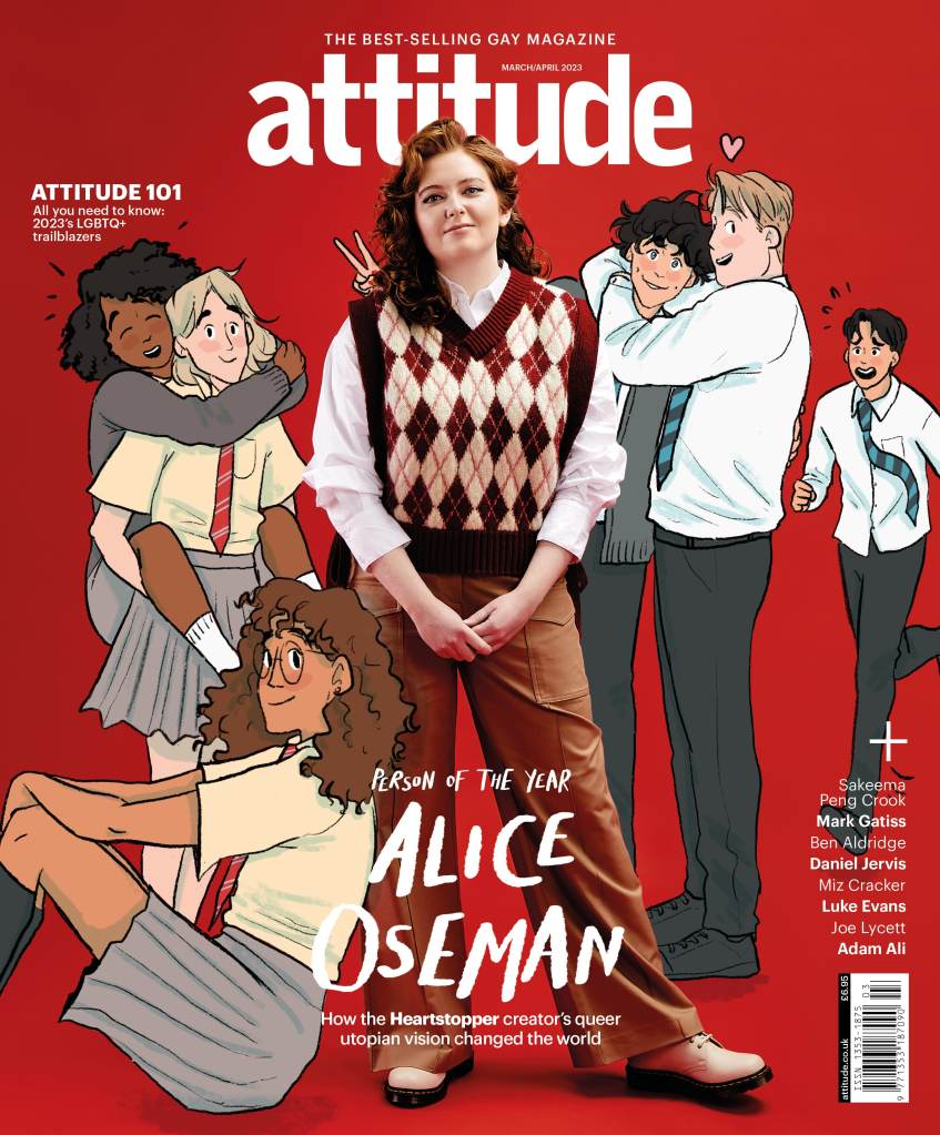 A promo cover of Attitude magazine showing Hearstopper author Alice Oseman standing in the centre against a red background that has the graphic novel's characters placed around her