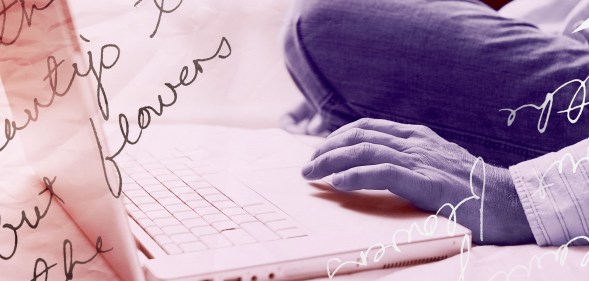 A person is sitting with one hand on their computer. There is an overlay with a handwritten note.