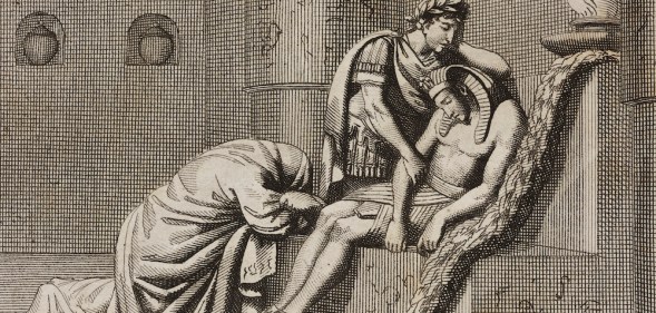 An engraving of Roman emperor Hadrian weeping over the body of Antinous