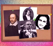 The image shows a notice board set against a colourful background. On the notice board are four images – the one on the left is of William Shakespeare, next is Louisa May Alcott, under that is Malcolm X and Anne Frank is on the right hand side.