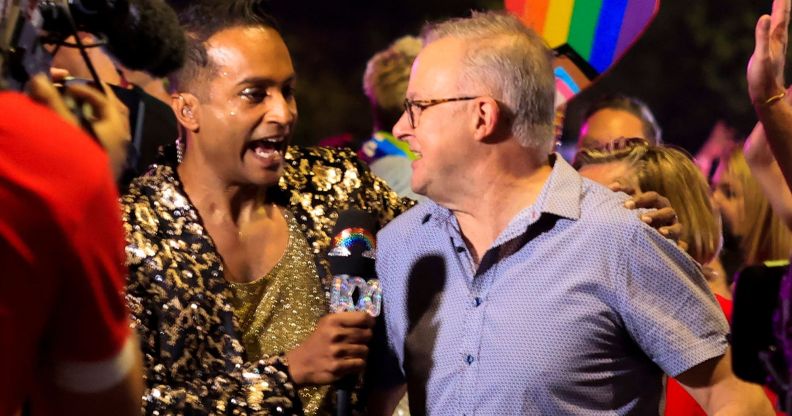 Anthony Albanese being interviewed at the Sydney Mardi Gras parade.