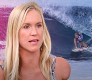 A graphic showing a cut-out image of pro surfer Bethany Hamilton set against another image of her surfing in the background with a pink tint showing across the left side of the picture