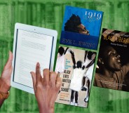 A graphic showing a cut-out image of a pair of hands holdinga Kindle and behind it are covers of Black history ebooks. The background is a green-tinted photo of books on bookshelves