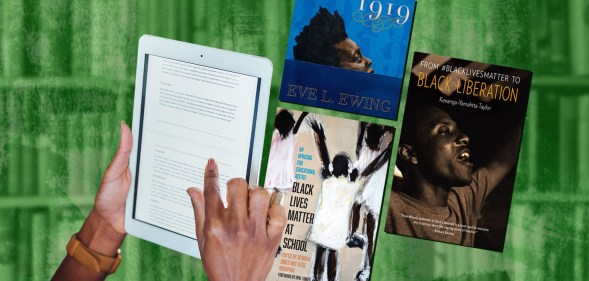 A graphic showing a cut-out image of a pair of hands holdinga Kindle and behind it are covers of Black history ebooks. The background is a green-tinted photo of books on bookshelves