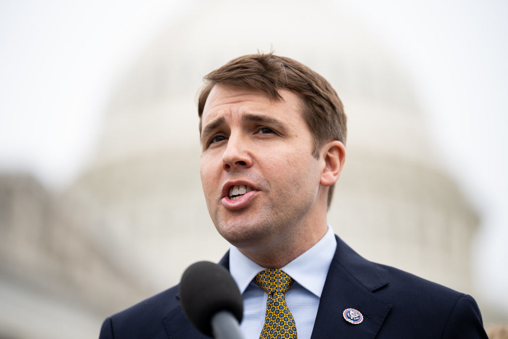 Out gay congressman Chris Pappas delivering a speech outside the US Capitol Building