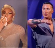 Side by side image of The Vivienne taking off her make-up in a video clip before her Dancing on Ice performance. A still from The Vivienne's Dancing on Ice performance with her partner Colin Grafton.