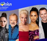 A promotional image of the 2023 Eurovision hosts. From the left, this image shows Rylan, Ukrainian singer Julia Sanina, Graham Norton, Hannah Waddingham, Alesha Dixon, Scott Mills and Ukranian presenter Timur Miroshnychenko.