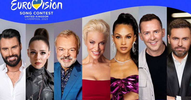 A promotional image of the 2023 Eurovision hosts. From the left, this image shows Rylan, Ukrainian singer Julia Sanina, Graham Norton, Hannah Waddingham, Alesha Dixon, Scott Mills and Ukranian presenter Timur Miroshnychenko.