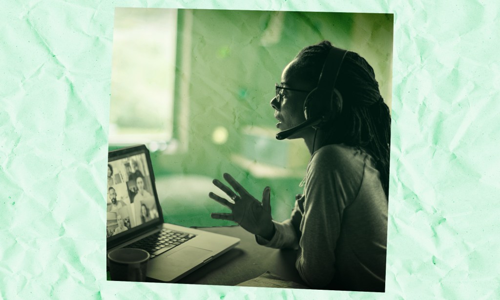 A woman is speaking on a video call.