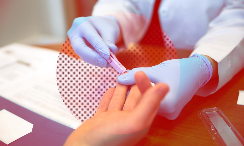 A medical professional's gloved hands as they take a blood sample from a person's finger to test for HIV.