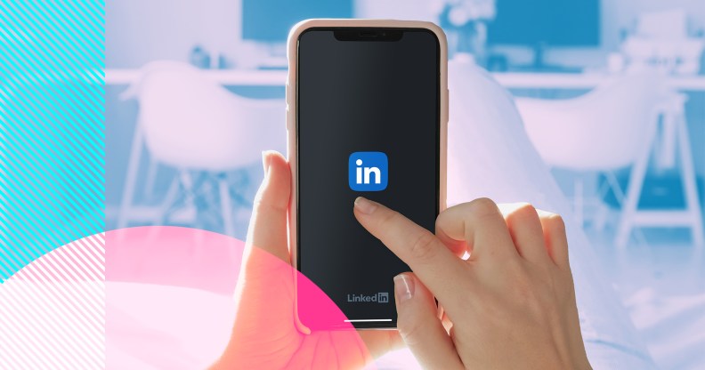 A phone is being held up with the LinkedIn icon in the center.