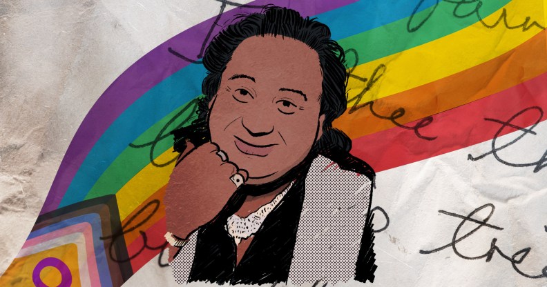 An illustration depicting Ifti Nasim, a gay Pakistani-American poet, with the progressive Pride flag and writing in the background