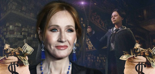 Harry Potter author JK Rowling superimposed next to bags of money and footage from the Hogwarts Legacy video game