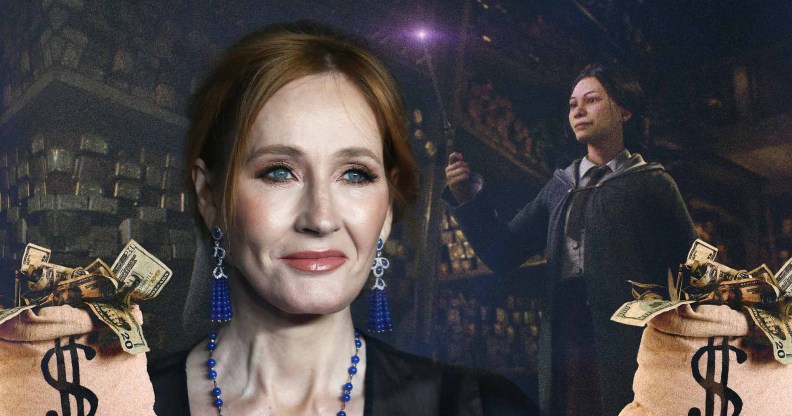 Harry Potter author JK Rowling superimposed next to bags of money and footage from the Hogwarts Legacy video game